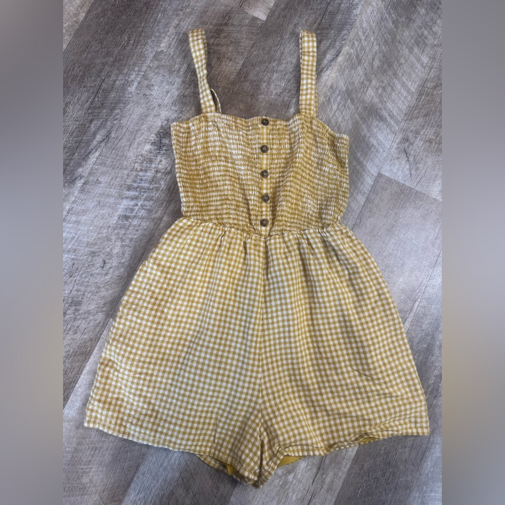 mustard and white checked romper shorts. Button front detail, Breathable fabric